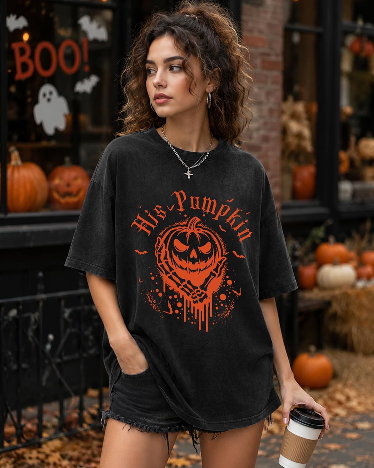 Aiyino Halloween Vintage Washed Pumpkin Graphic T Shirt for Men Women