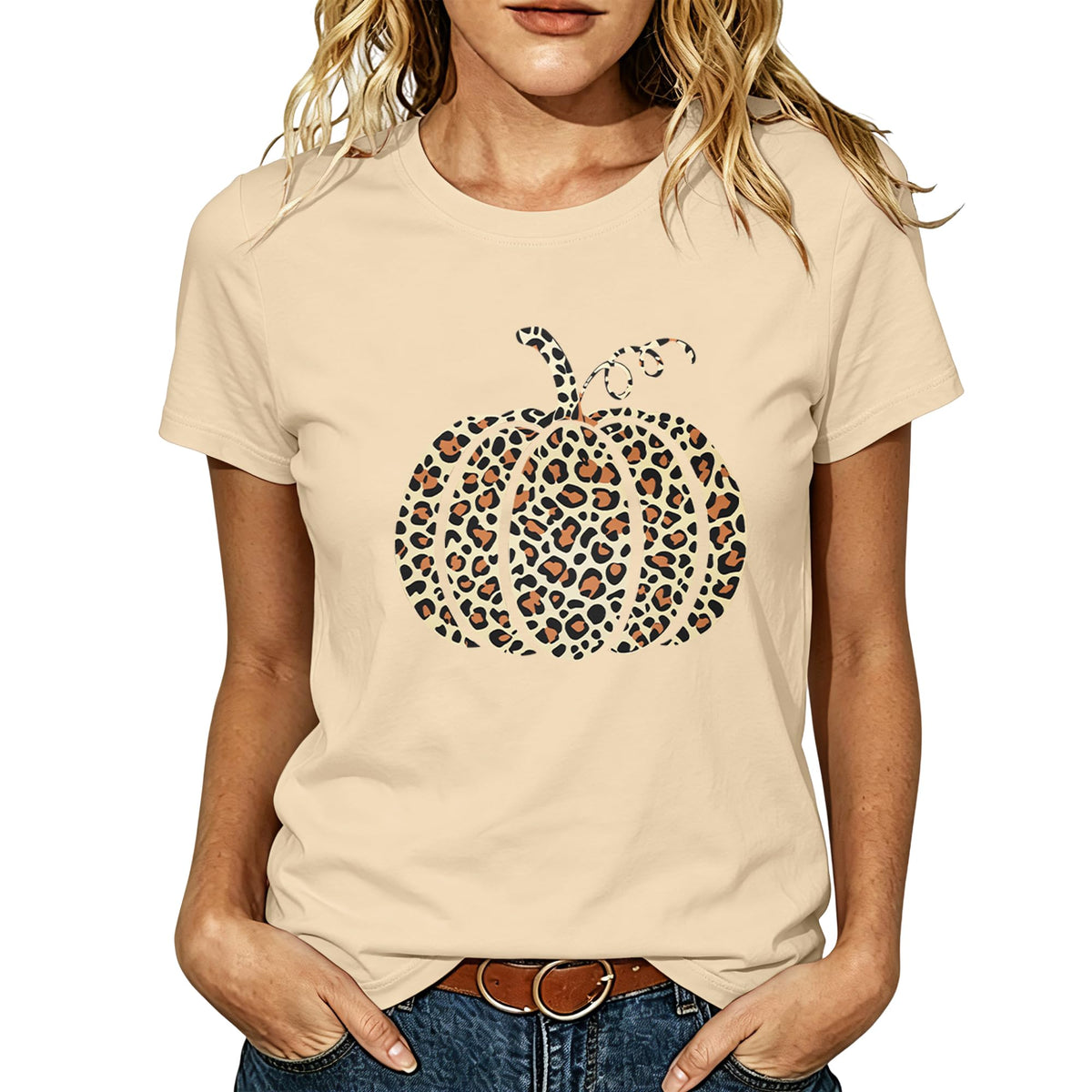 Women Leopard Pumpkin Halloween Shirt Fall Spooky Season Graphic Tee