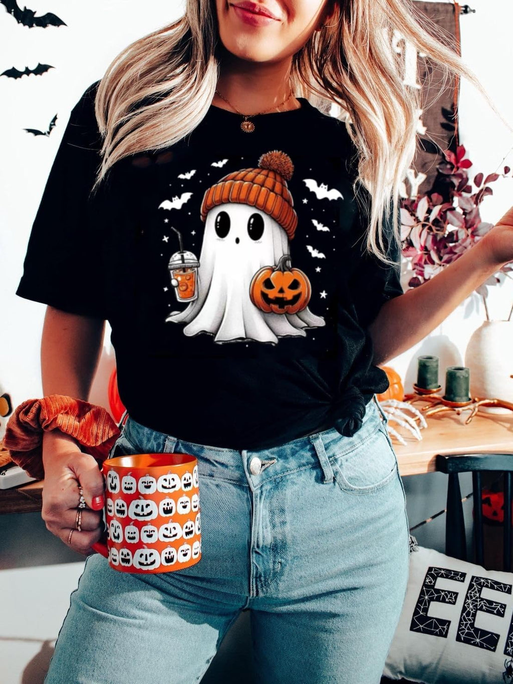 Halloween Shirts for Women Novelty Pumpkin Graphic Print Thanksgiving Fall Tee Tops