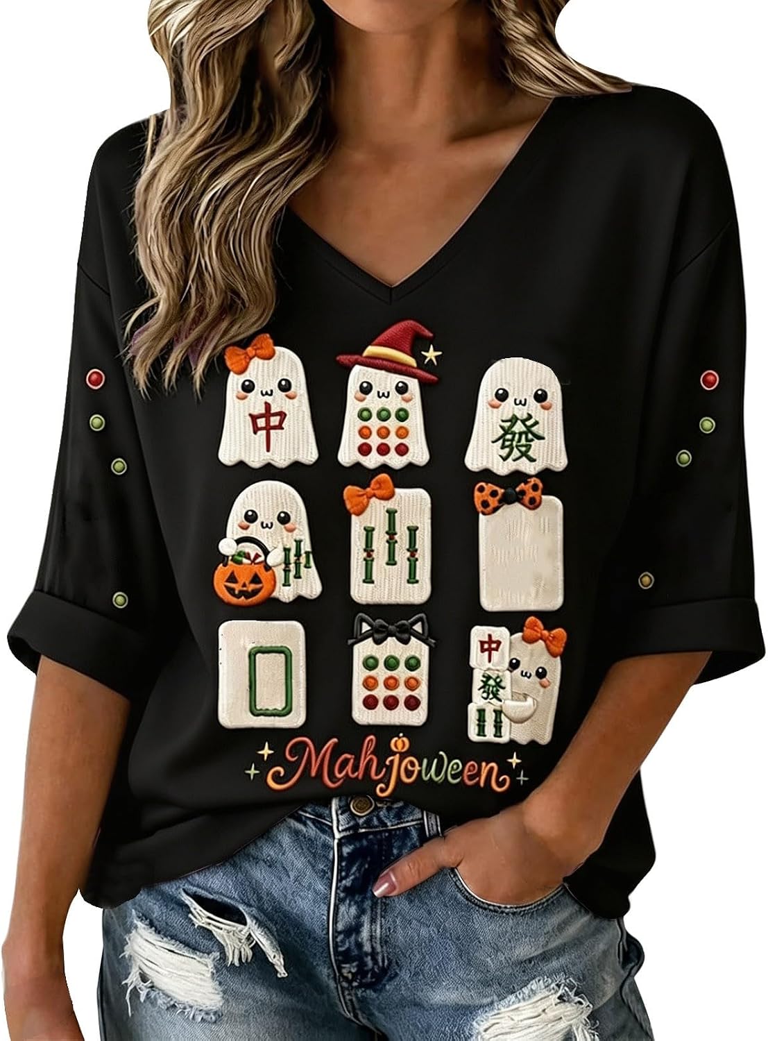 Halloween Shirts for Women V Neck Mahjong Tshirts Cute Pumpkin Graphic Tops
