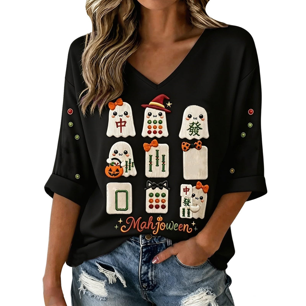 Halloween Shirts for Women V Neck Mahjong Tshirts Cute Pumpkin Graphic Tops