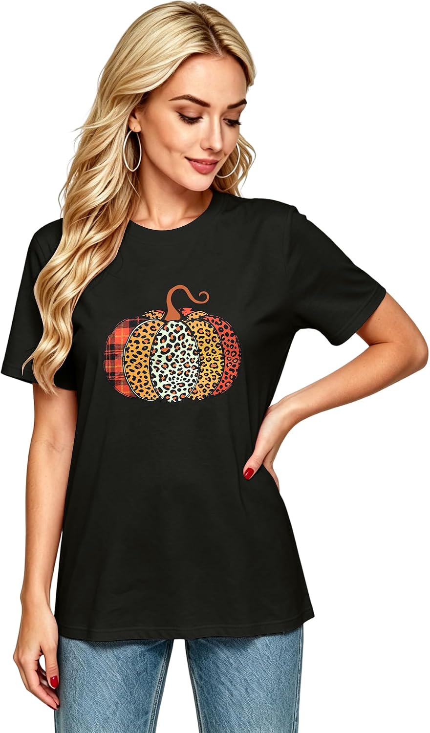 Women Leopard Pumpkin Halloween Shirt Fall Spooky Season Graphic Tee