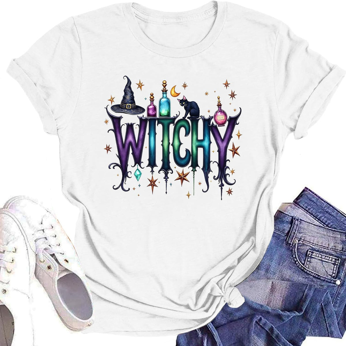 Halloween Shirt for Women Vintage Witchy Shirt Magic Potion Cat Graphic Top