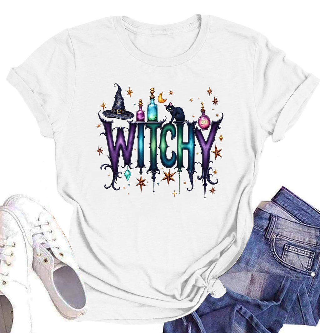 Halloween Shirt for Women Vintage Witchy Shirt Magic Potion Cat Graphic Top