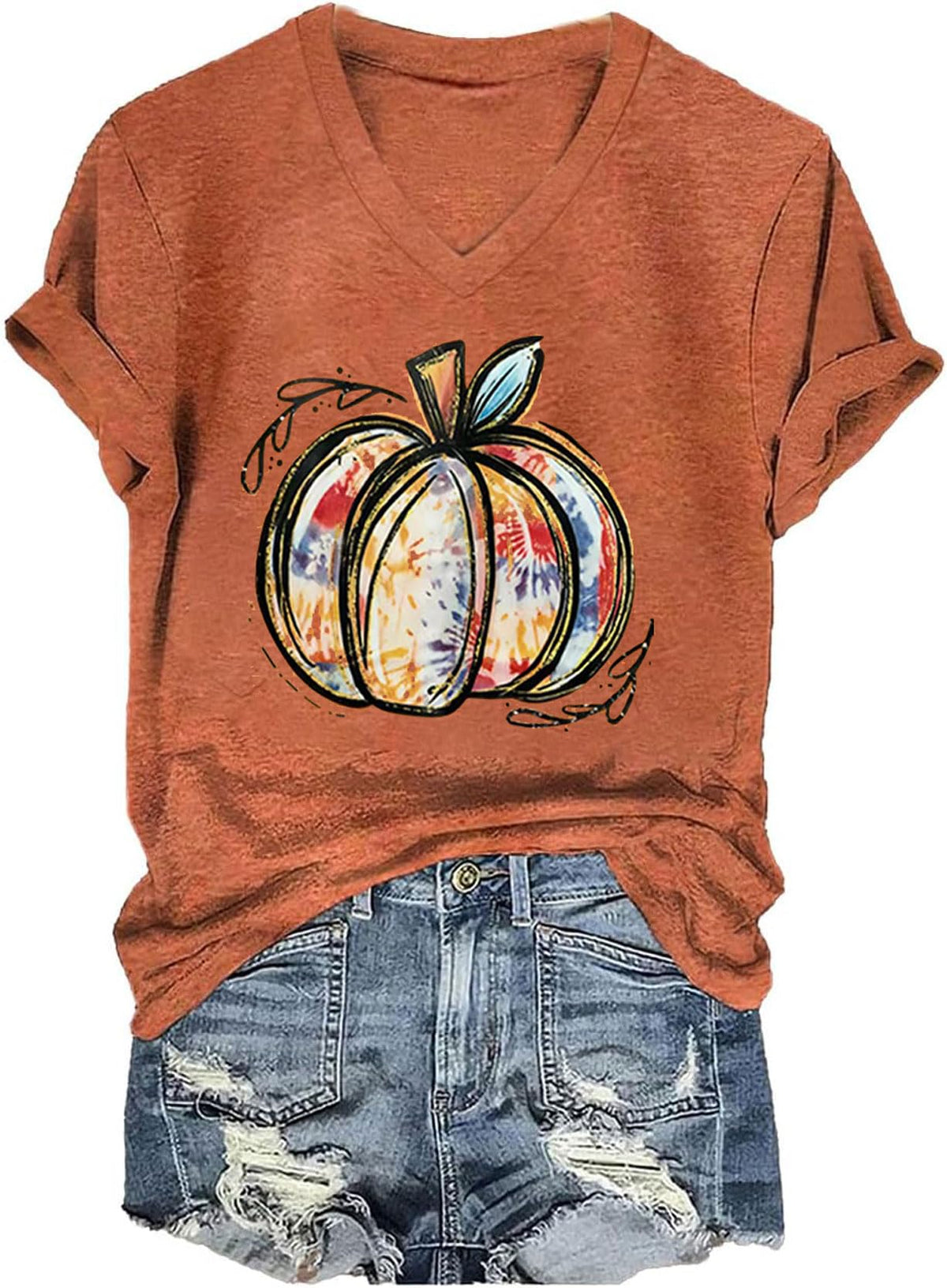 Fall V Neck T-Shirts Women Halloween Graphic Shirts Cute Pumpkin Ghost Tees Funny Holiday Family Short Sleeves Tops