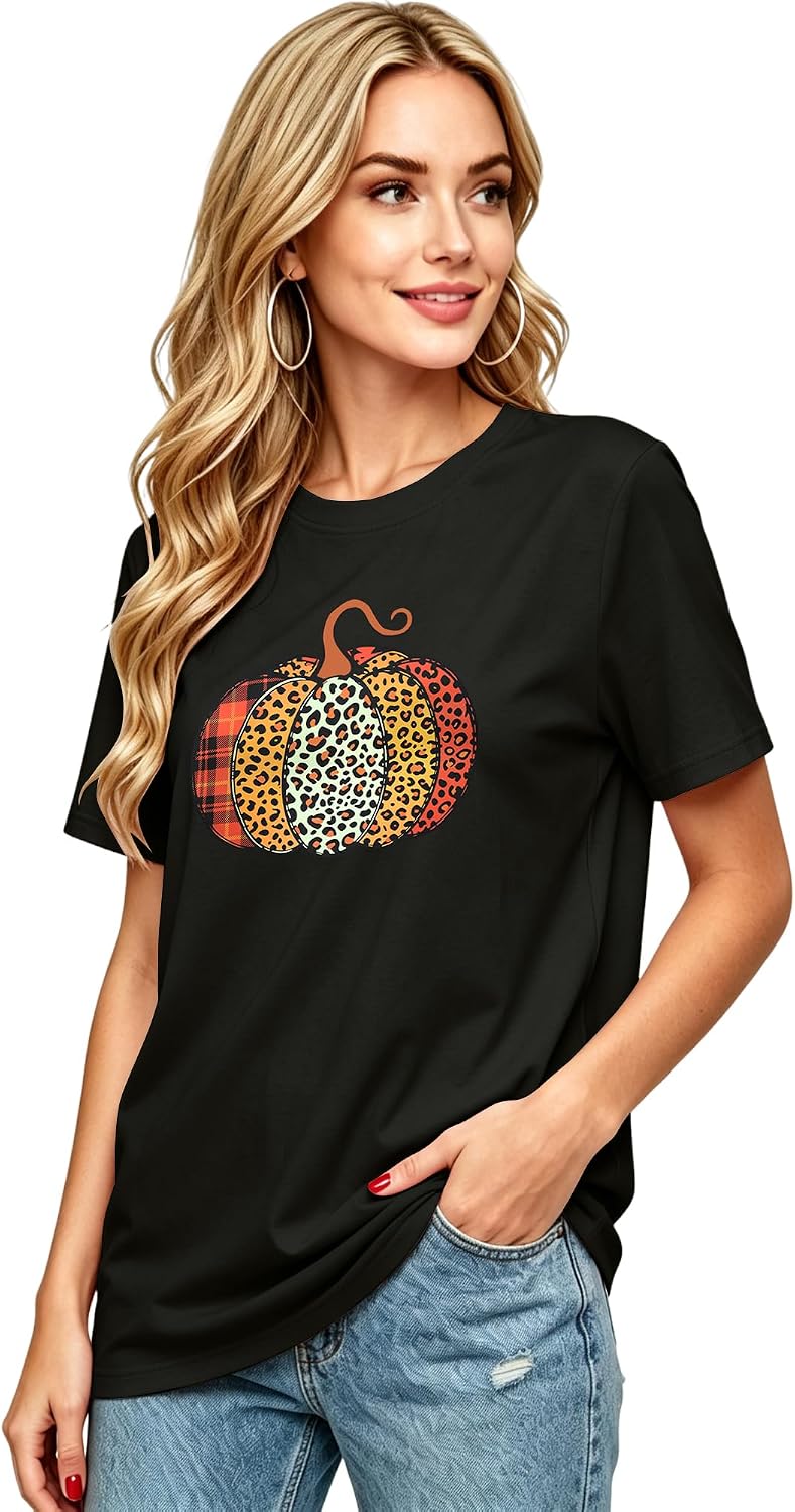 Women Leopard Pumpkin Halloween Shirt Fall Spooky Season Graphic Tee