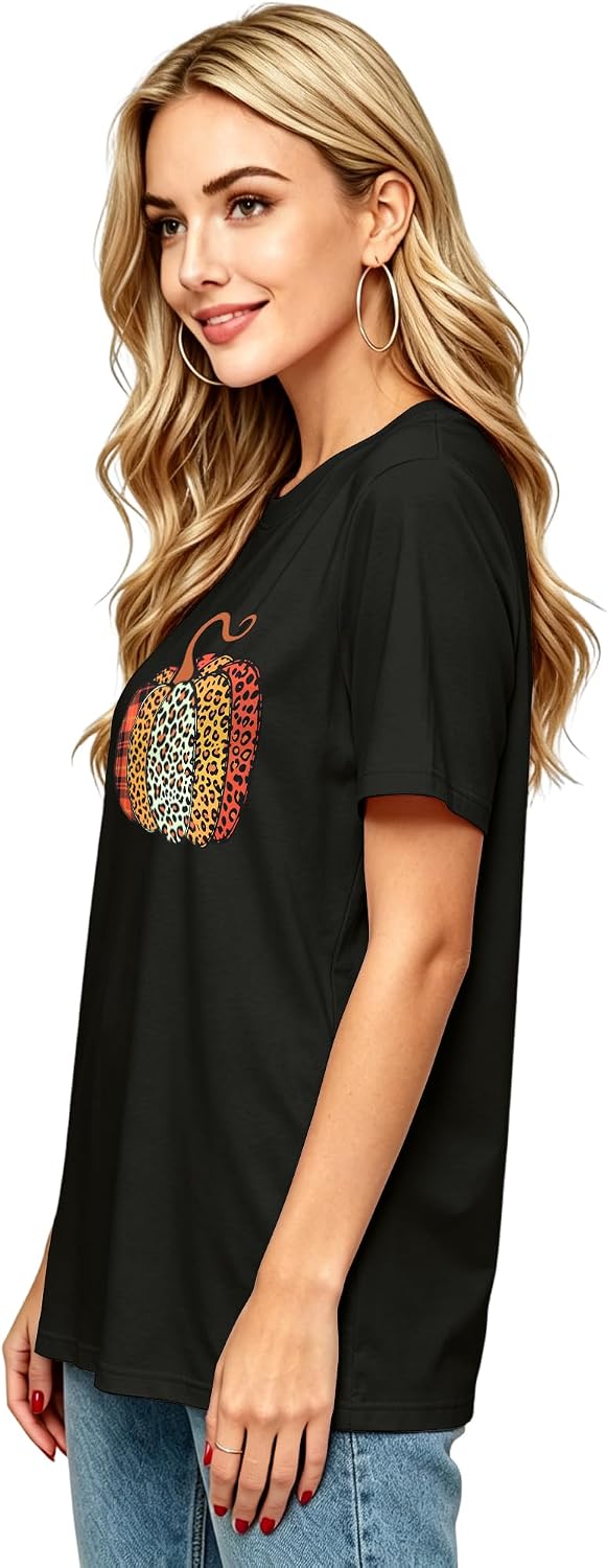 Women Leopard Pumpkin Halloween Shirt Fall Spooky Season Graphic Tee