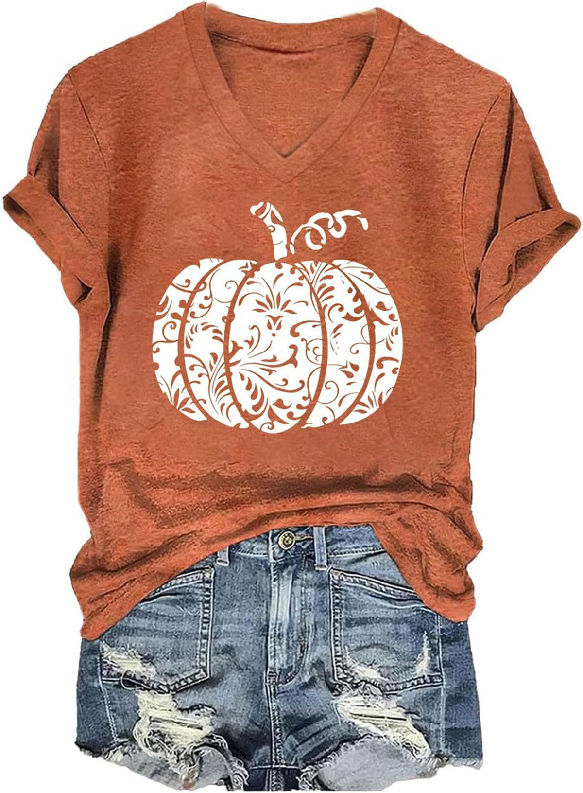 Fall V Neck T-Shirts Women Halloween Graphic Shirts Cute Pumpkin Ghost Tees Funny Holiday Family Short Sleeves Tops