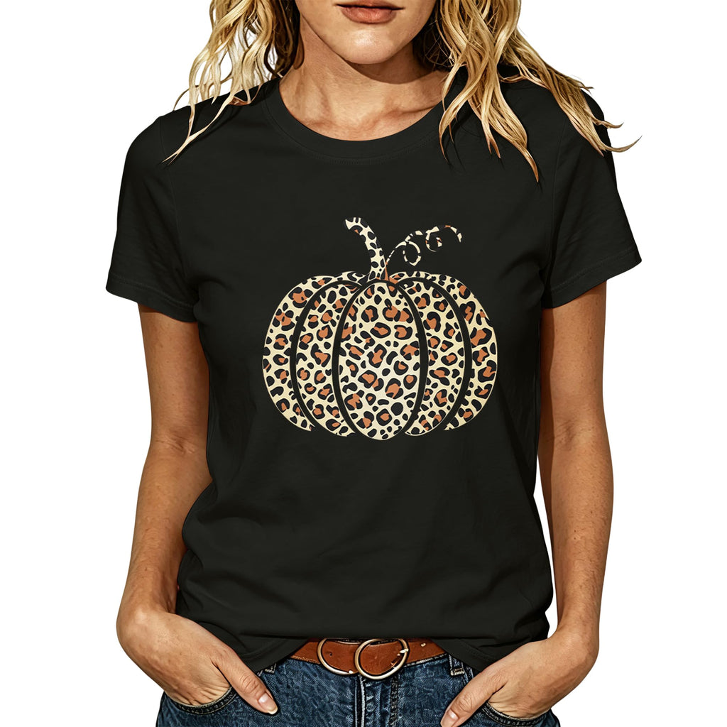 Women Leopard Pumpkin Halloween Shirt Fall Spooky Season Graphic Tee