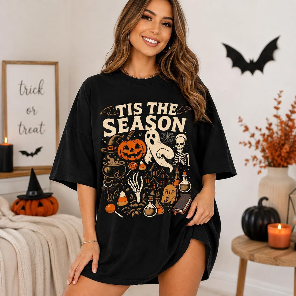 Women’s Halloween Shirt Spooky Graphic Tee Pumpkin Ghost Fall Oversized Top