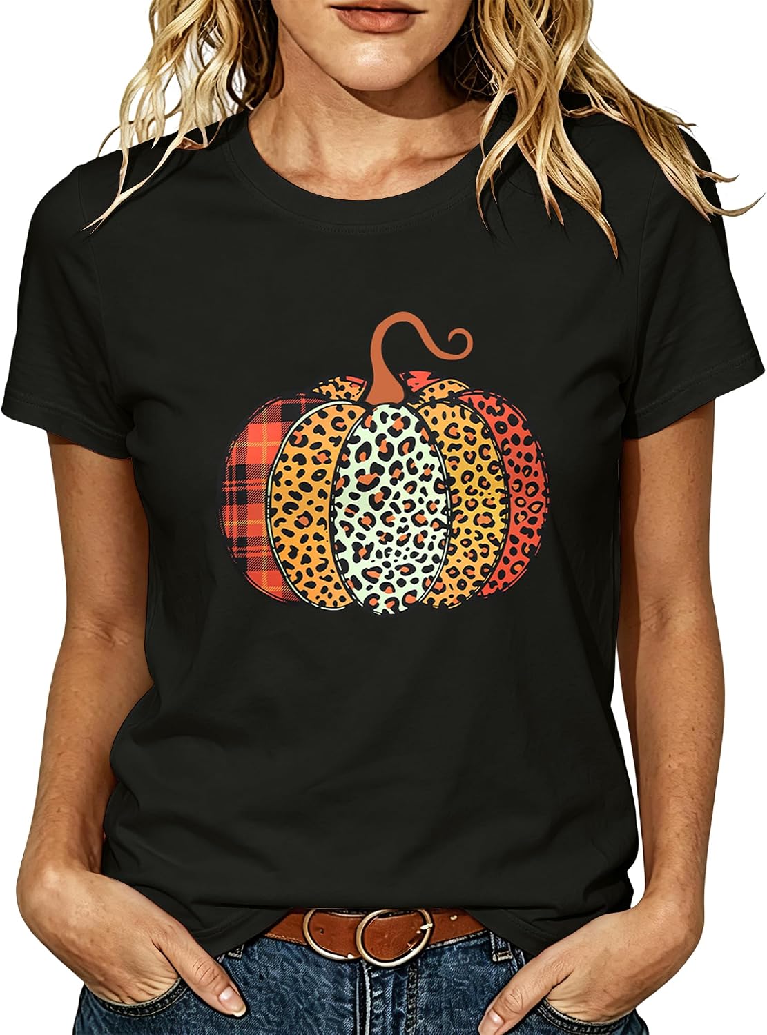 Women Leopard Pumpkin Halloween Shirt Fall Spooky Season Graphic Tee