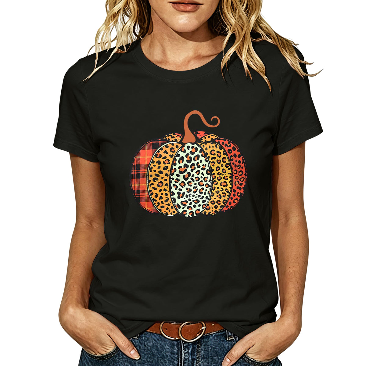 Women Leopard Pumpkin Halloween Shirt Fall Spooky Season Graphic Tee