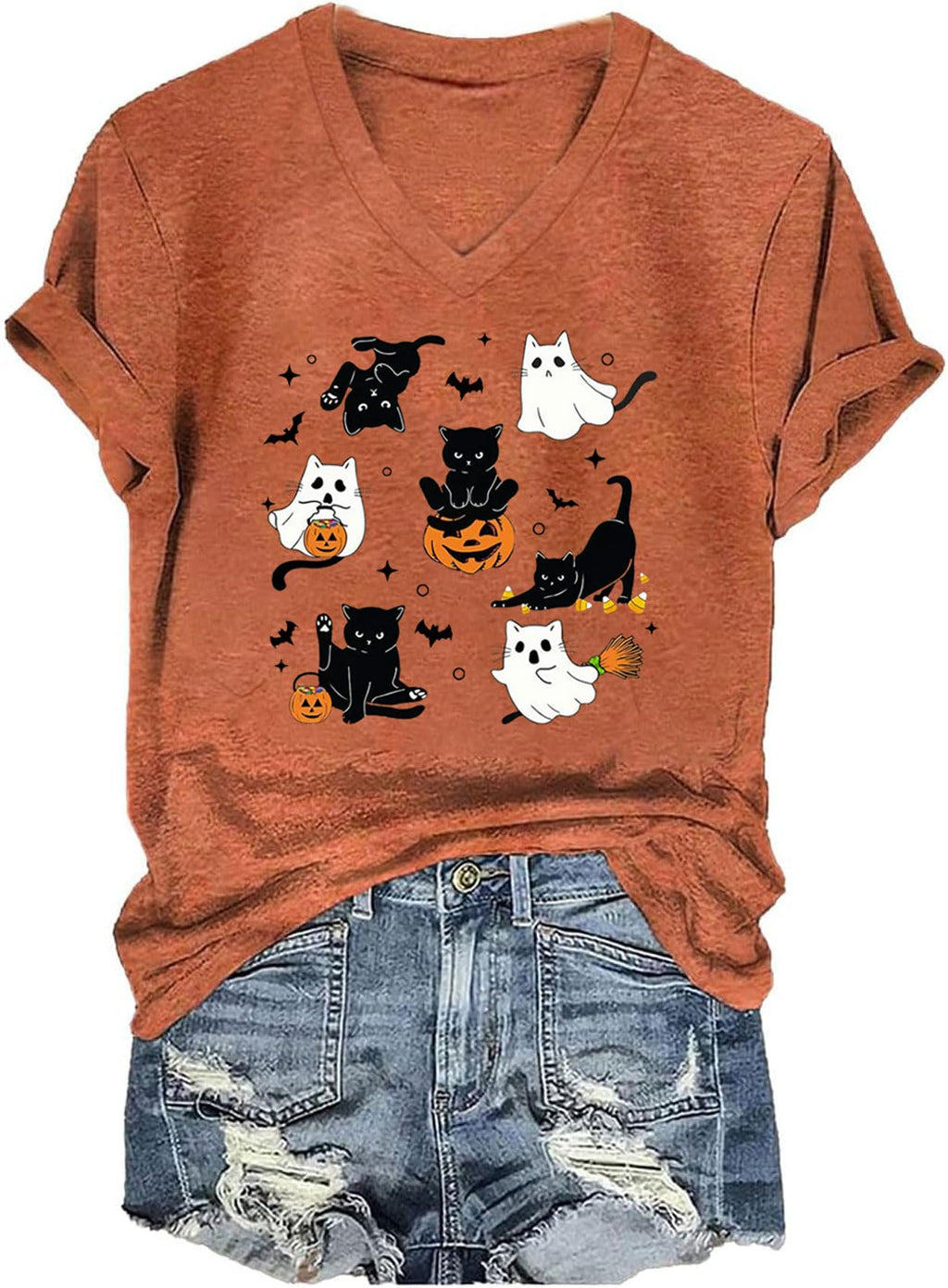 Fall V Neck T-Shirts Women Halloween Graphic Shirts Cute Pumpkin Ghost Tees Funny Holiday Family Short Sleeves Tops