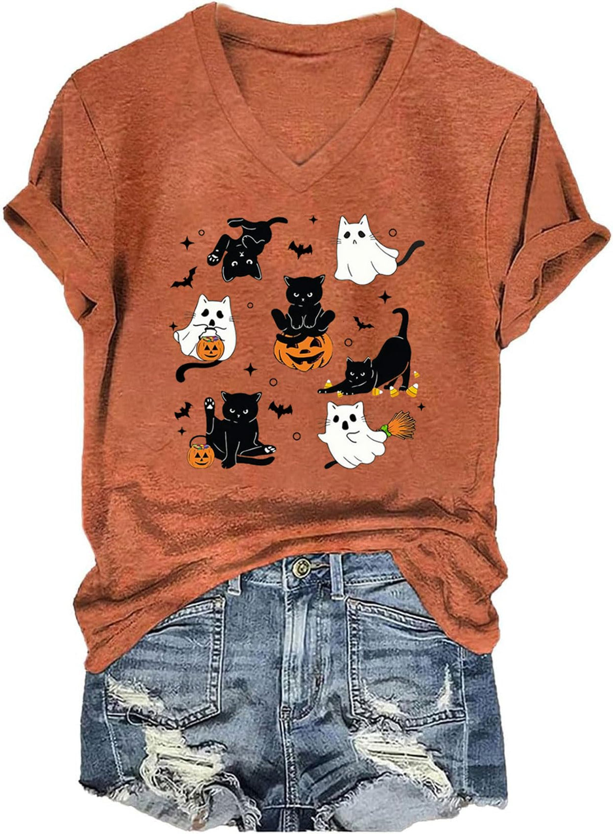 Fall V Neck T-Shirts Women Halloween Graphic Shirts Cute Pumpkin Ghost Tees Funny Holiday Family Short Sleeves Tops