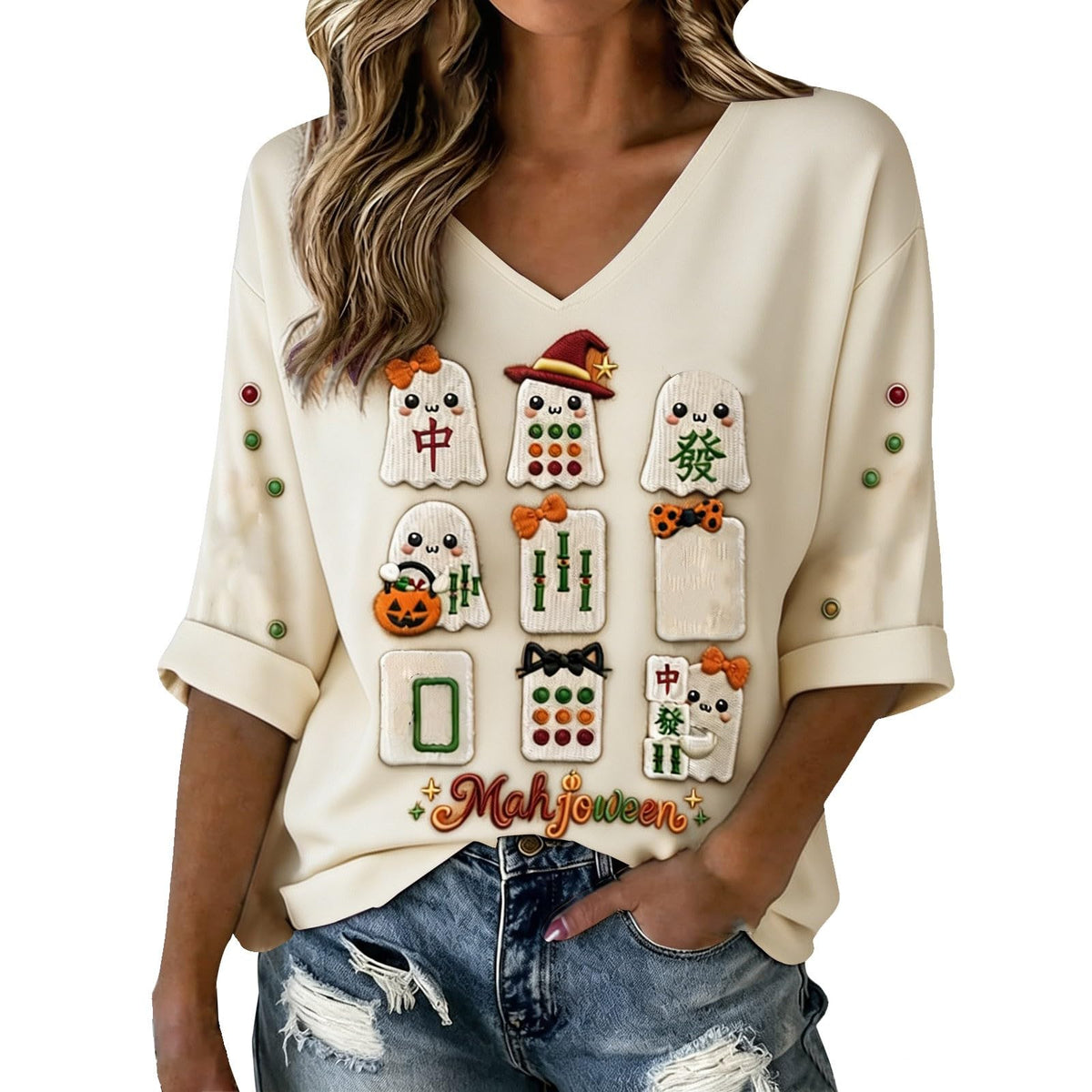 Halloween Shirts for Women V Neck Mahjong Tshirts Cute Pumpkin Graphic Tops