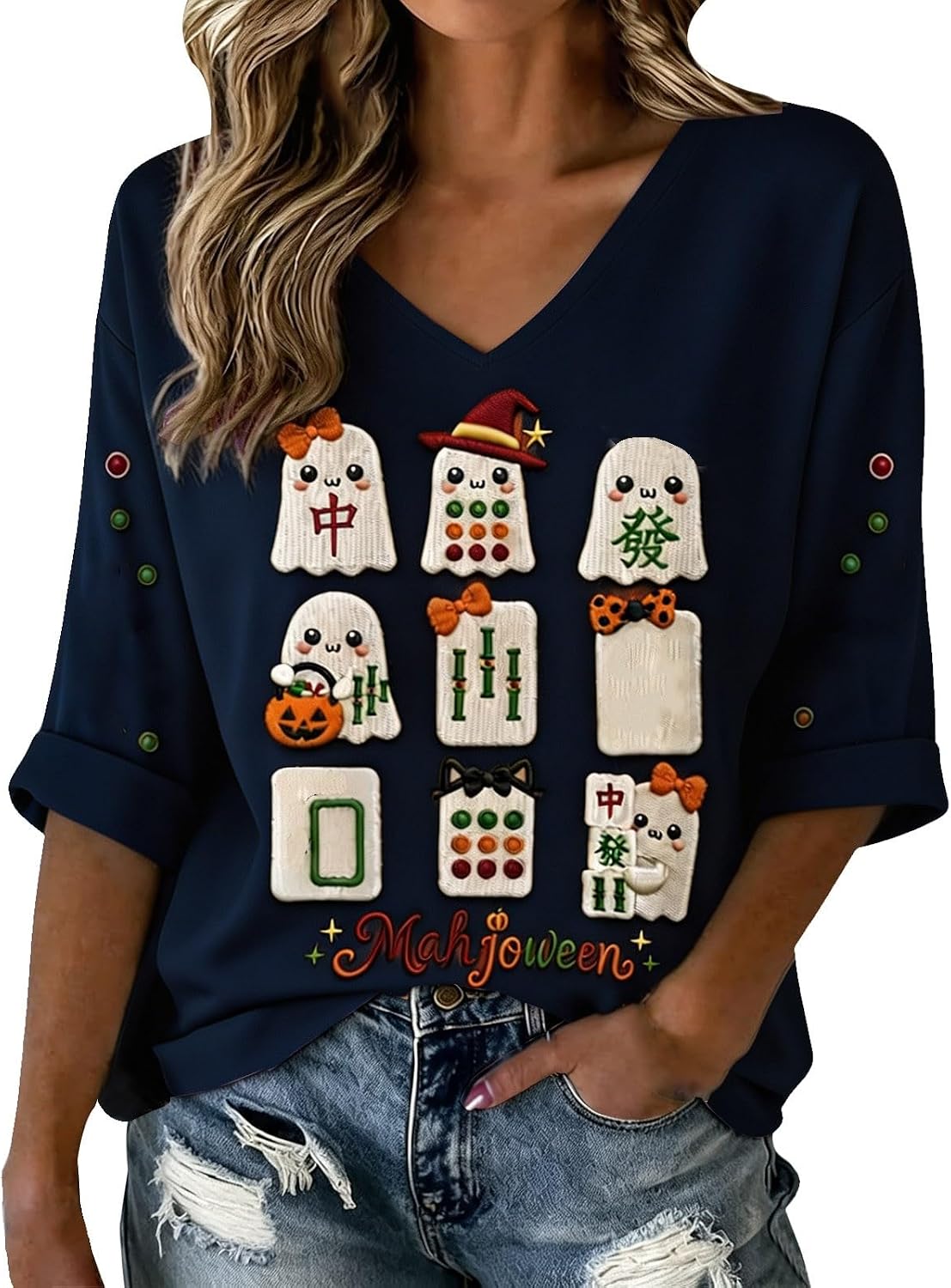 Halloween Shirts for Women V Neck Mahjong Tshirts Cute Pumpkin Graphic Tops