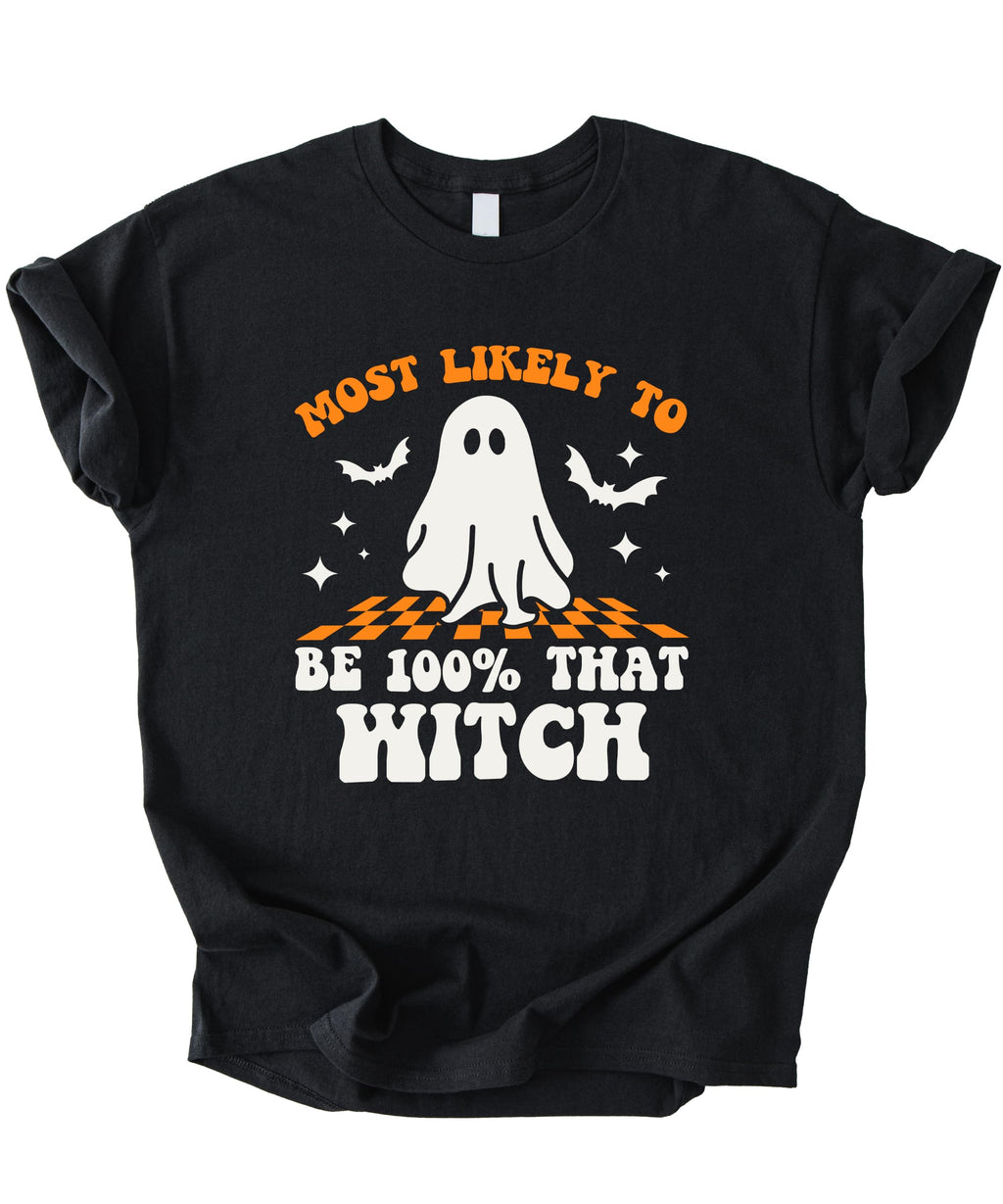 Most Likely to Be 100% that Witch T Shirt, Retro Cartoon Halloween Graphic Tee, Spooky Season Party Shirt Men Women