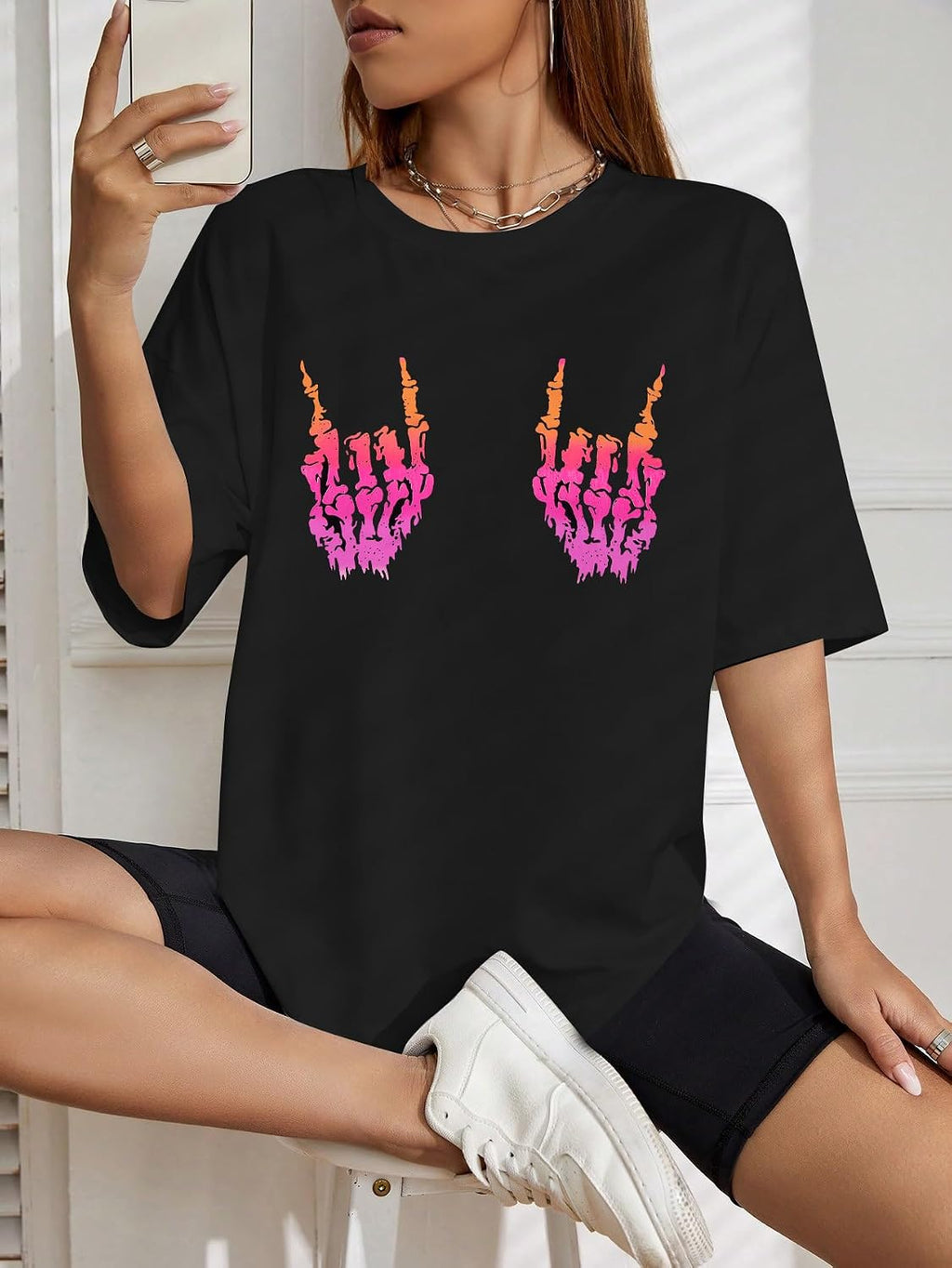Womens Halloween Ghost Shirt: Skeleton Hand Tshirt Funny Spooky Season Tees