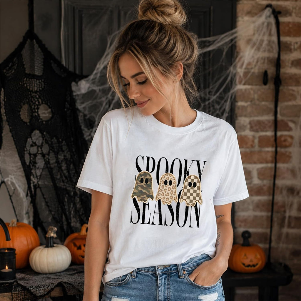 Spooky Season Ghosts T-Shirt Halloween Leopard Camo Checkered Ghost Shirts