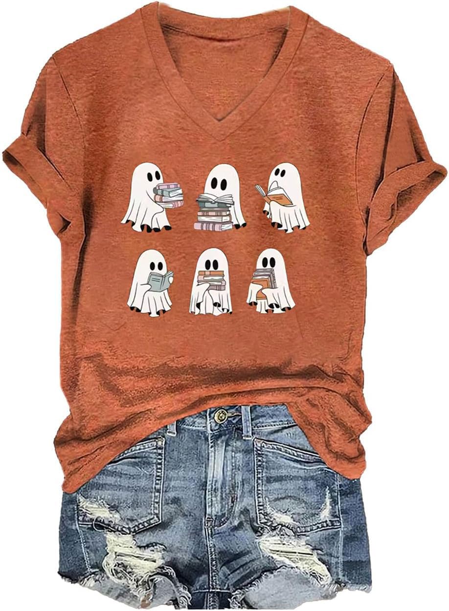 Fall V Neck T-Shirts Women Halloween Graphic Shirts Cute Pumpkin Ghost Tees Funny Holiday Family Short Sleeves Tops