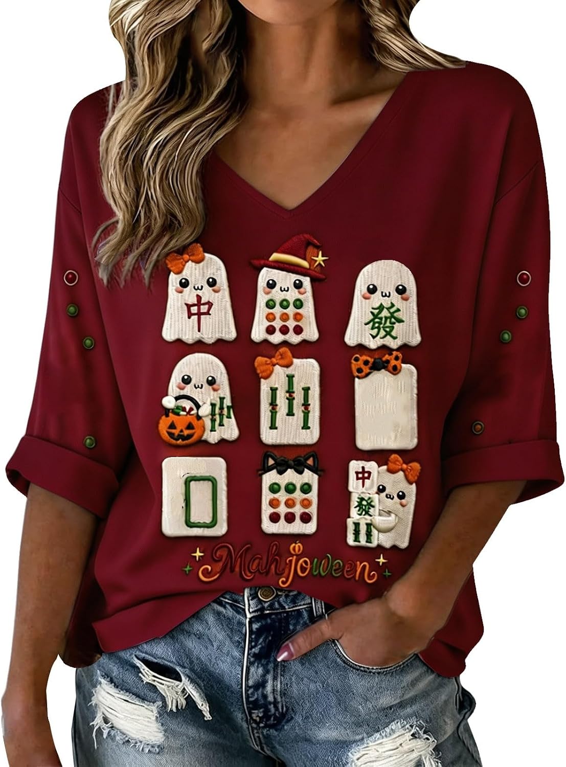 Halloween Shirts for Women V Neck Mahjong Tshirts Cute Pumpkin Graphic Tops