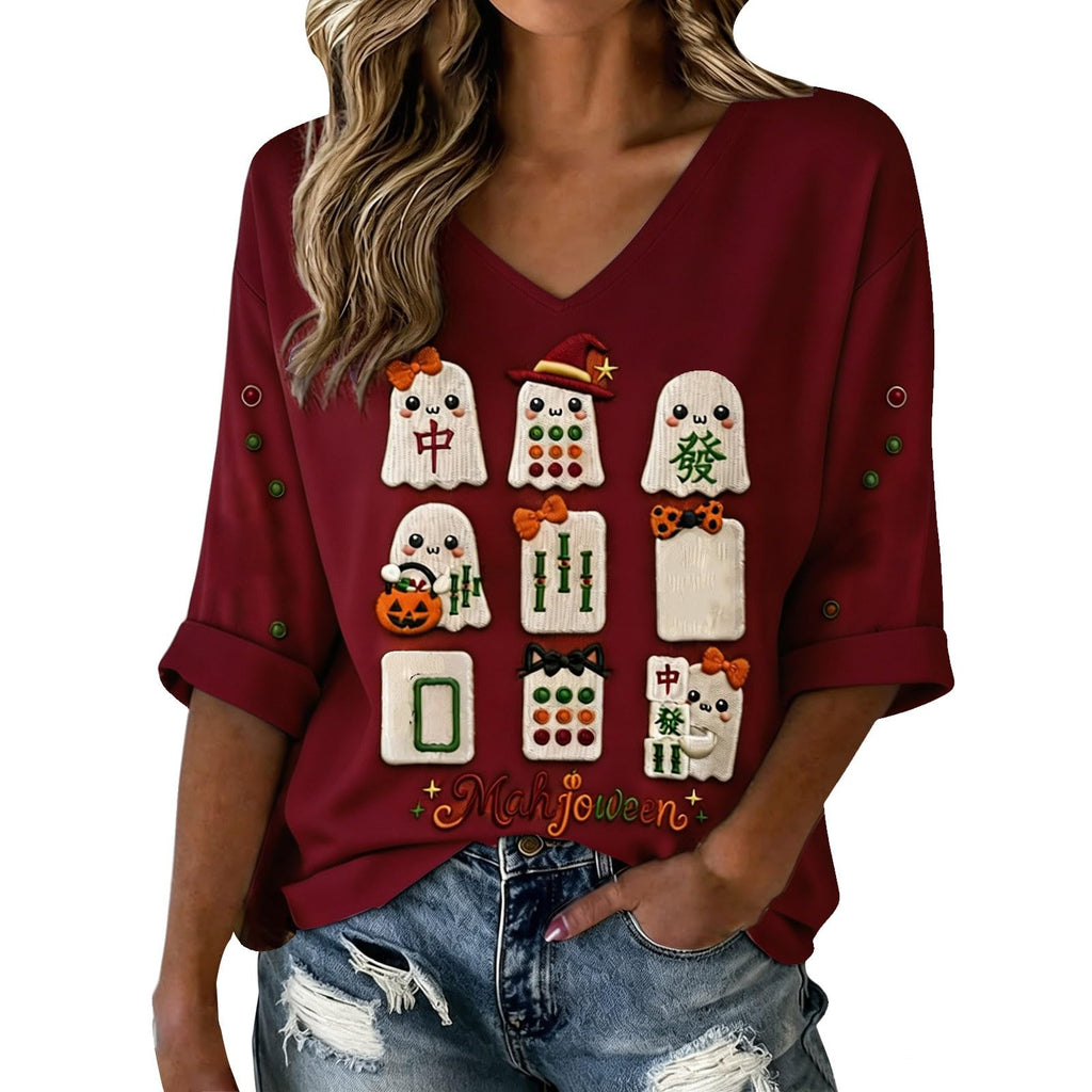 Halloween Shirts for Women V Neck Mahjong Tshirts Cute Pumpkin Graphic Tops