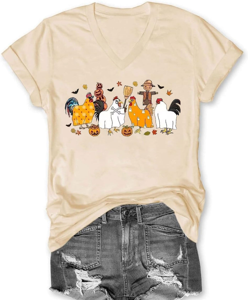 Fall V Neck T-Shirts Women Halloween Graphic Shirts Cute Pumpkin Ghost Tees Funny Holiday Family Short Sleeves Tops