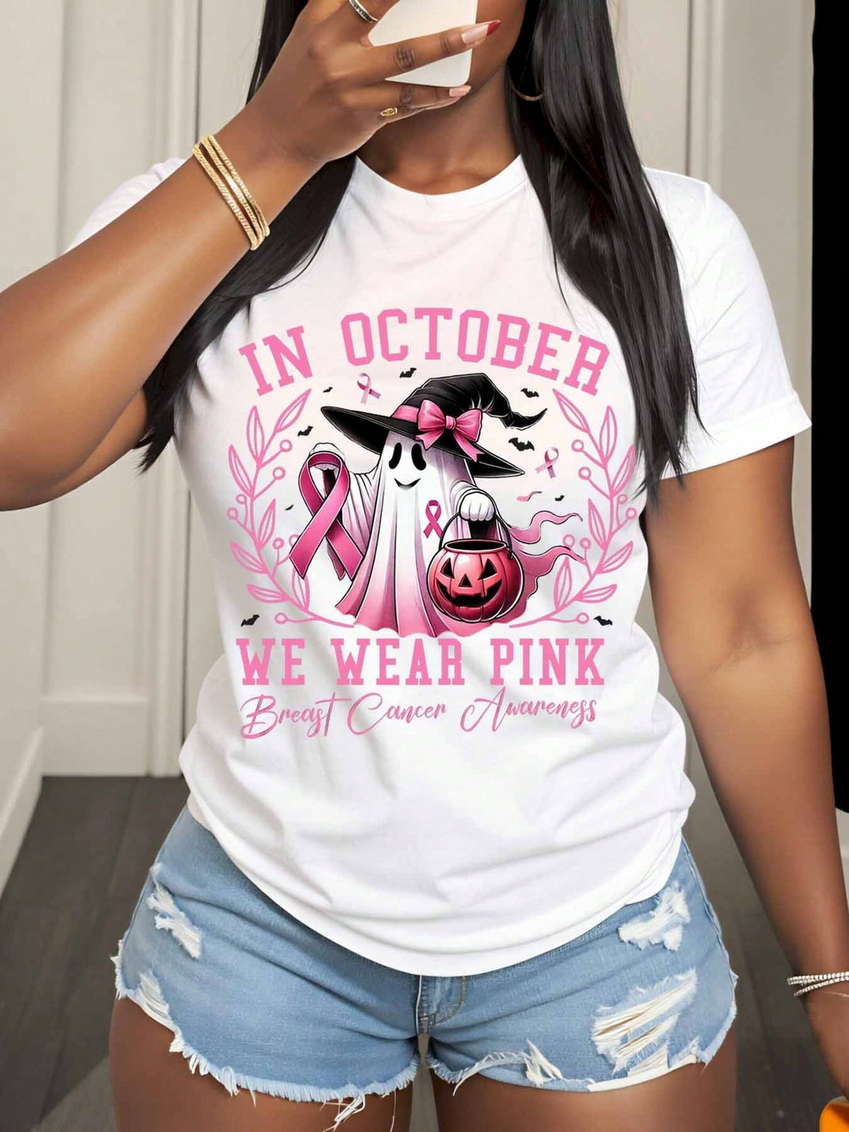 In October We Wear Pink Breast Cancer Awareness Halloween Ghost Witch Shirt Women Funny Autumn Festival Graphic Tee Top