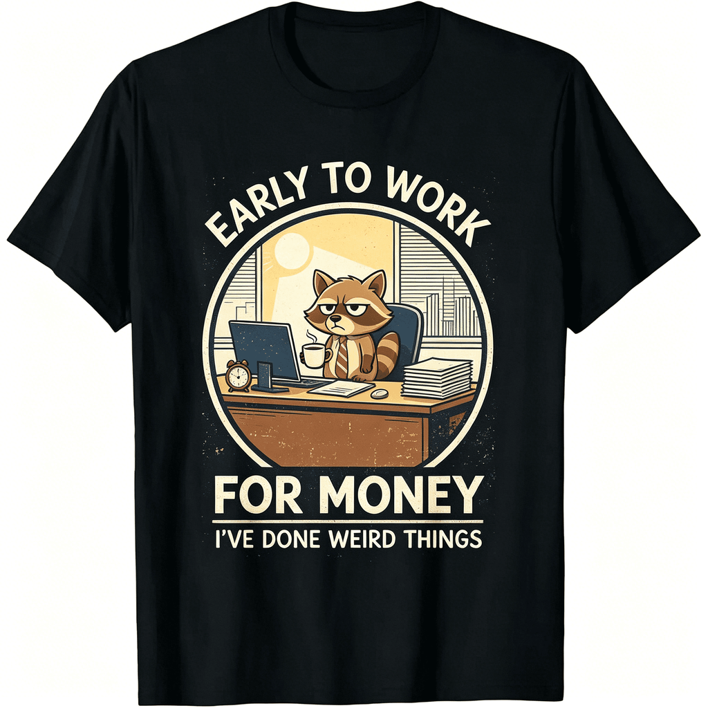 “Early To Work For Money” Raccoon Office T-Shirt – Funny Sarcastic Work Humor Graphic Tee for Men Women, Casual Summer Top
