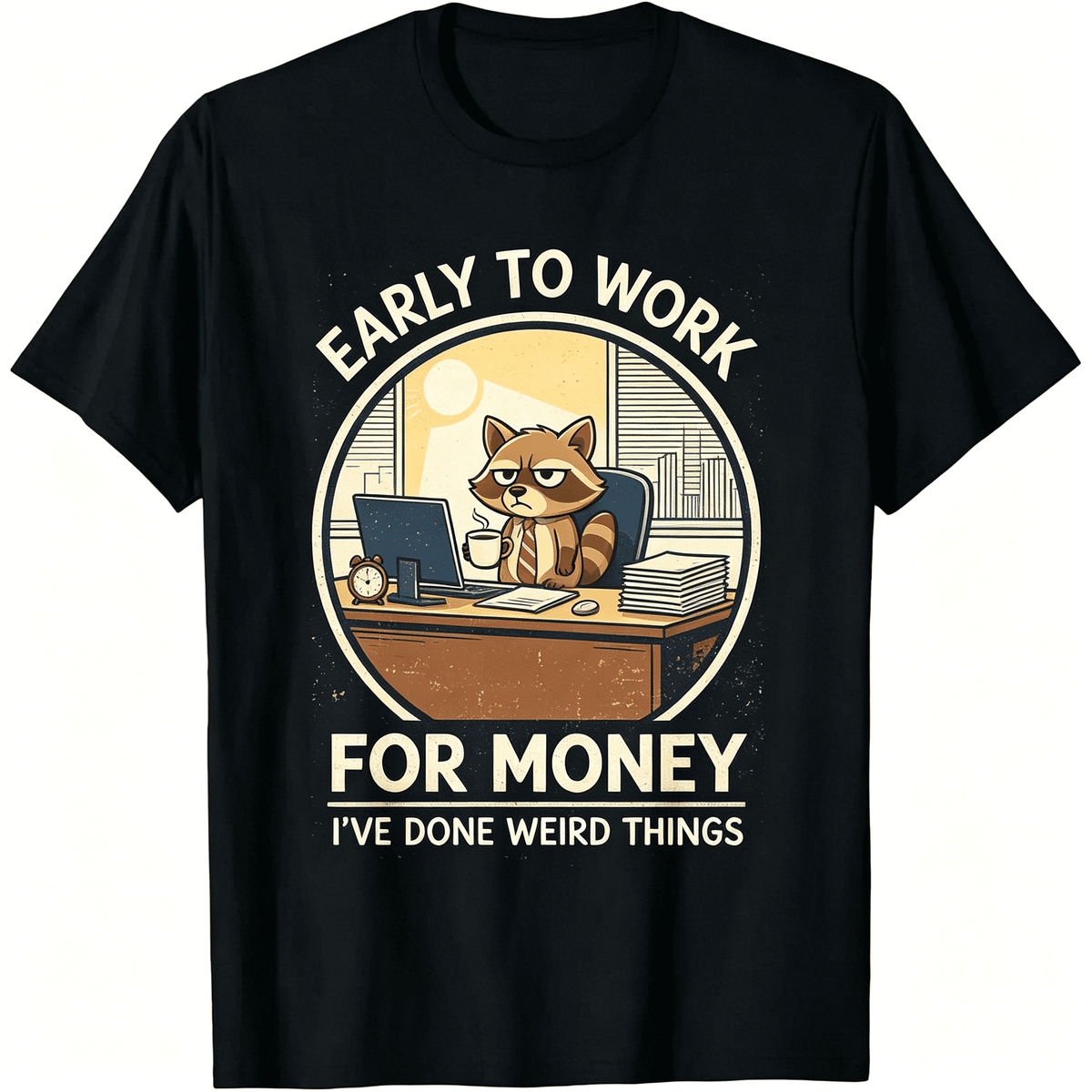 “Early To Work For Money” Raccoon Office T-Shirt – Funny Sarcastic Work Humor Graphic Tee for Men Women, Casual Summer Top