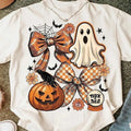 Women's Coquette Ghost Graphic T-Shirt, Vintage Halloween Casual Short Sleeve Top with Retro Checkered Pumpkin Print