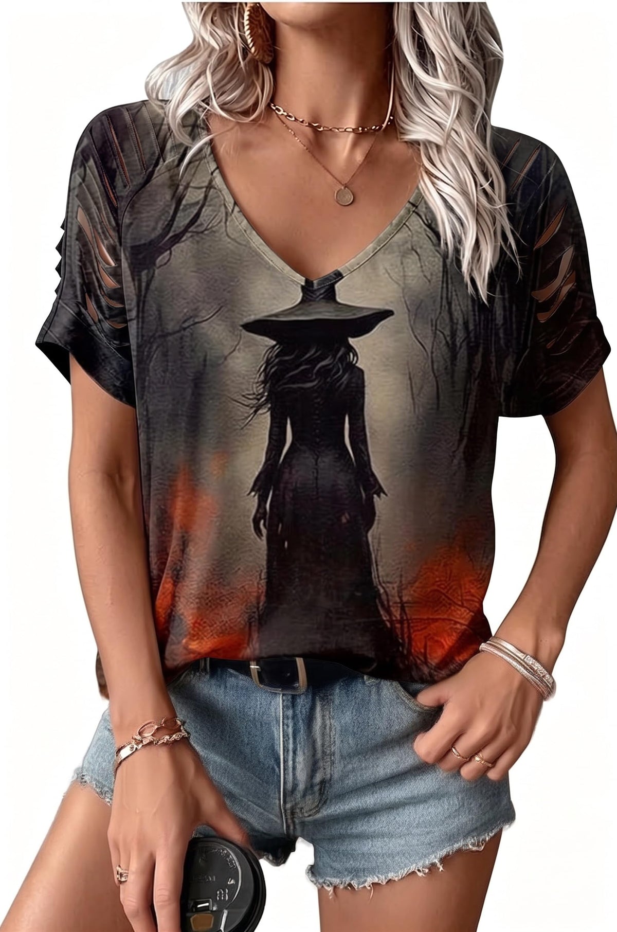 Womens Fall Halloween Thanksgiving V Neck Shirt Vintage Short Sleeve Western Shirts Cut Out Cold Shoulder T Shirts