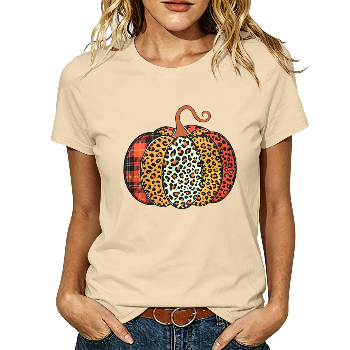 Women Leopard Pumpkin Halloween Shirt Fall Spooky Season Graphic Tee