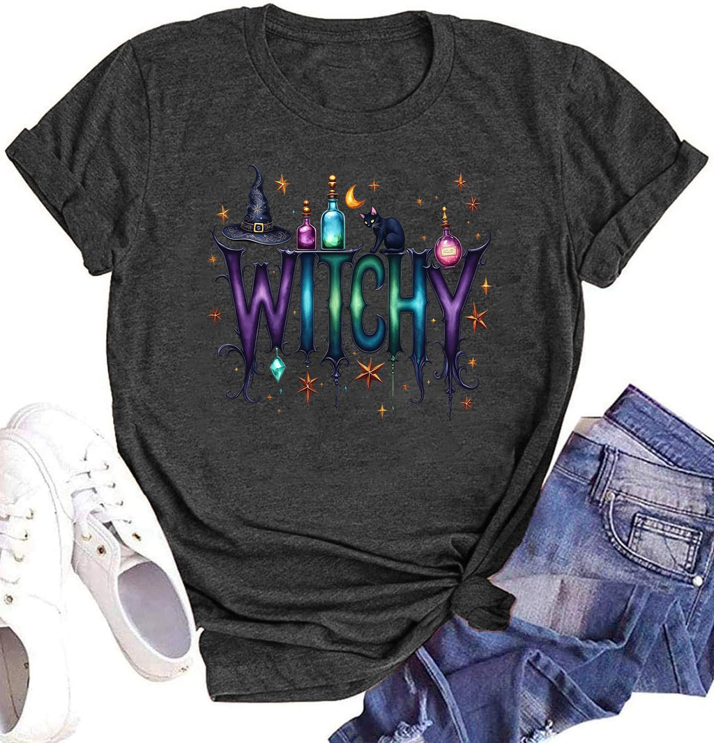 Halloween Shirt for Women Vintage Witchy Shirt Magic Potion Cat Graphic Top