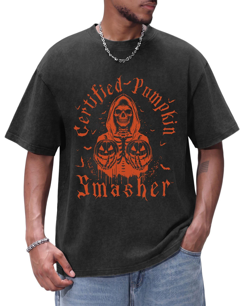 Aiyino Halloween Vintage Washed Pumpkin Graphic T Shirt for Men Women