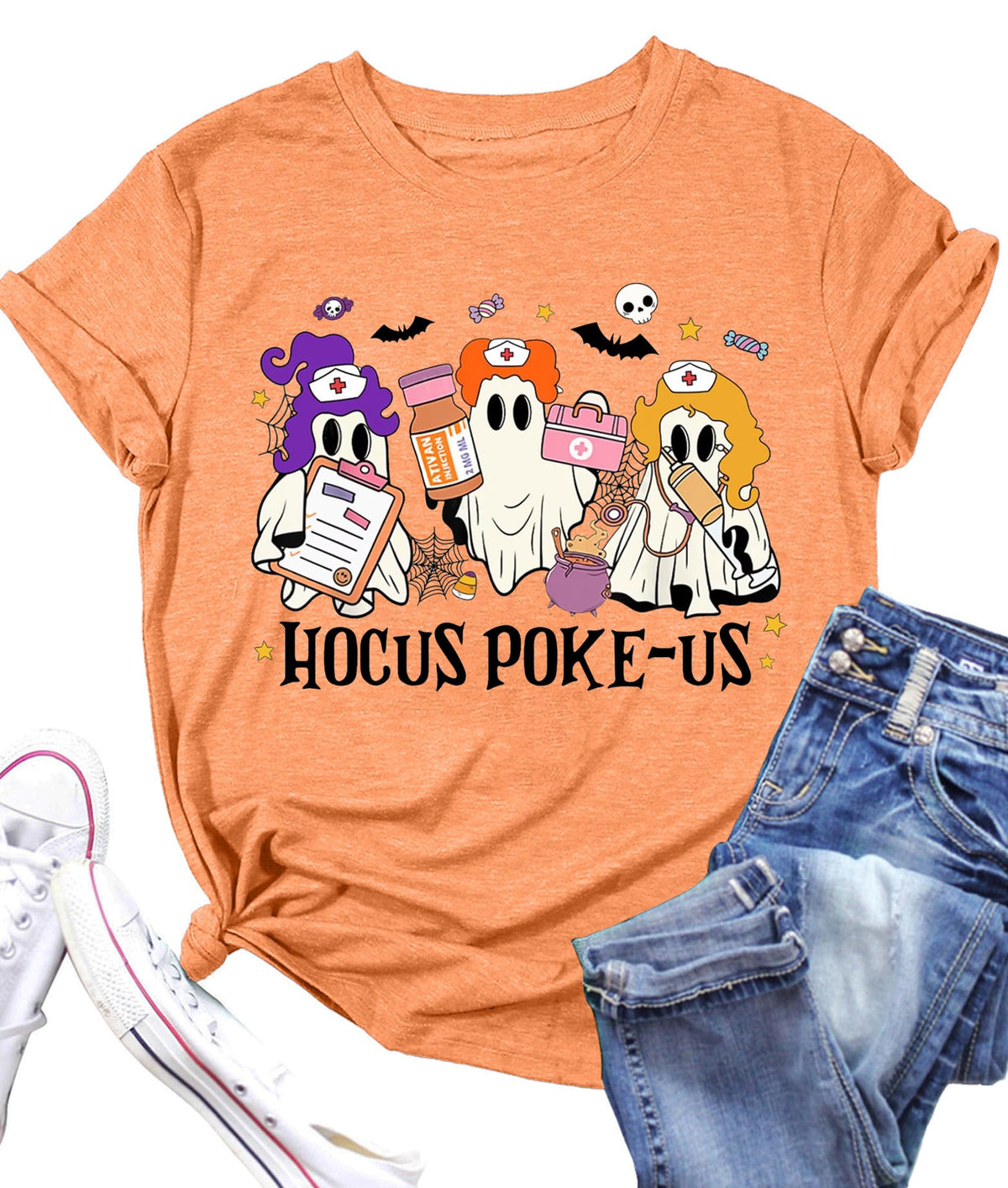 Halloween Nurse Shirt for Women Halloween Hocus Poke-Us Ghost Graphic Shirt