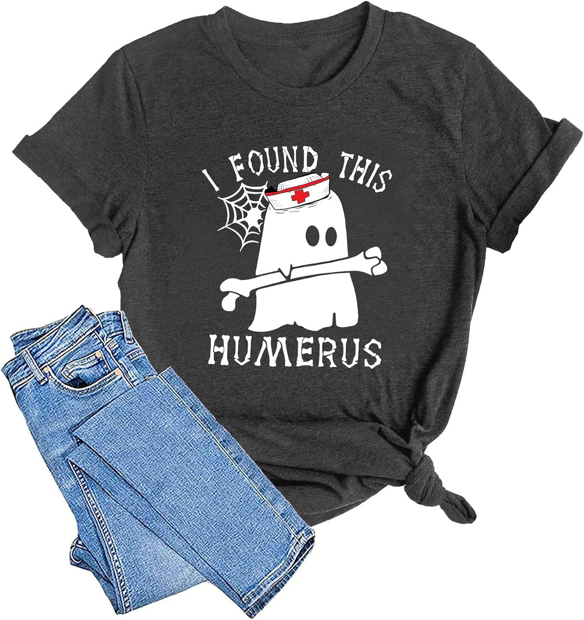 LAZYCHILD Halloween Nurse Shirts Women I Found This Humerus Ghost T Shirt