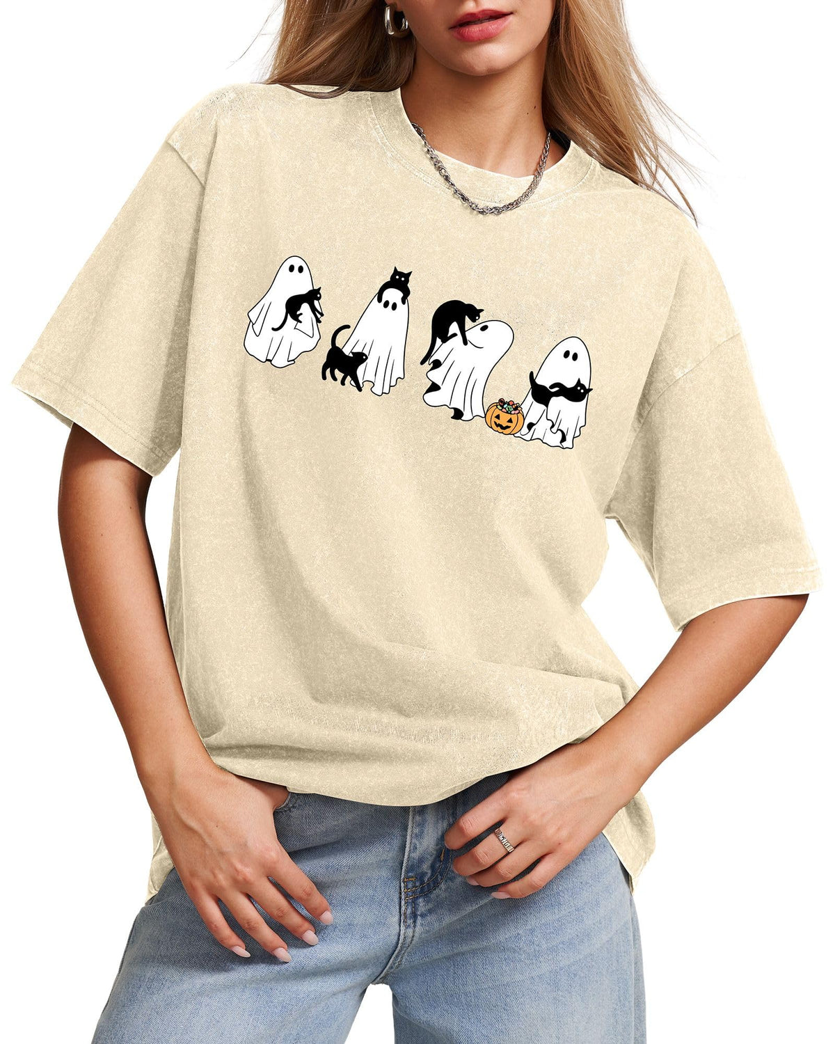 Aiyino Halloween Vintage Washed Pumpkin Graphic T Shirt for Men Women