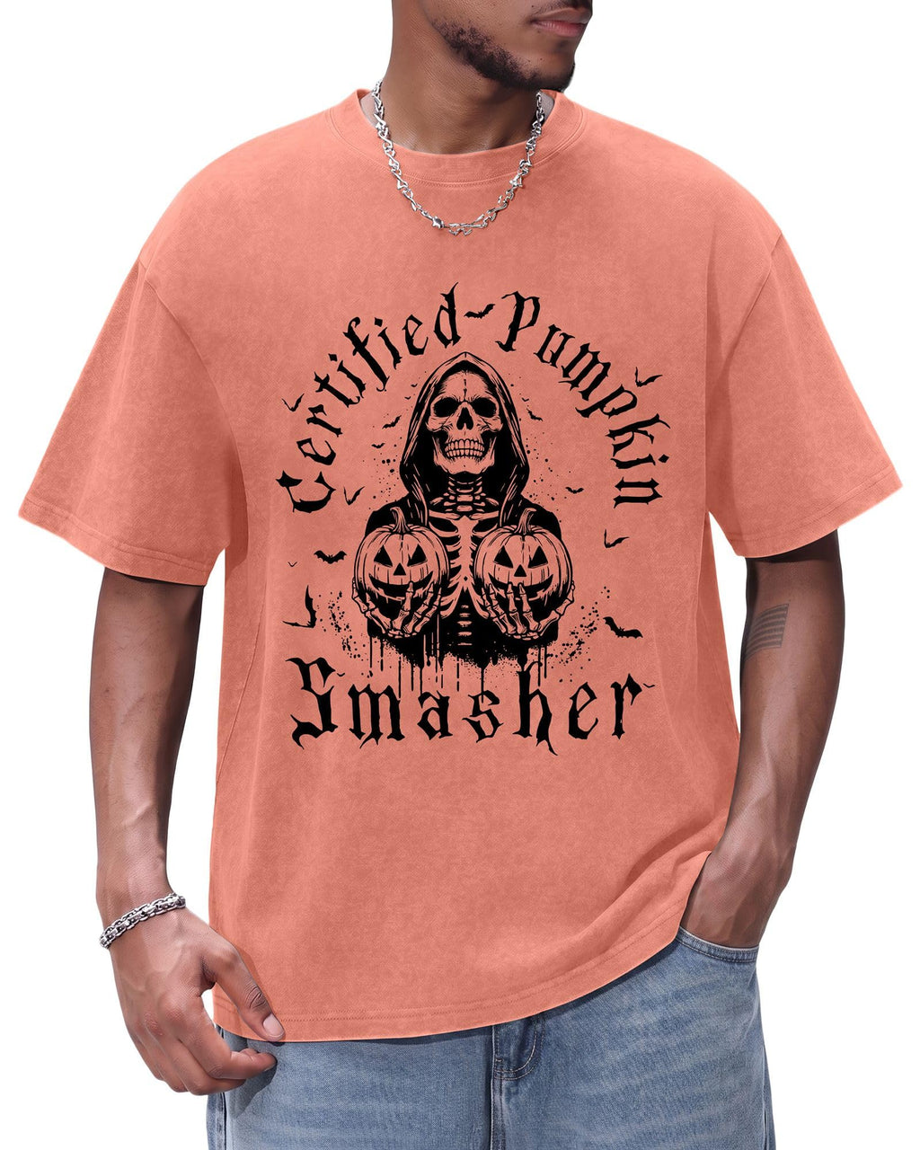 Aiyino Halloween Vintage Washed Pumpkin Graphic T Shirt for Men Women