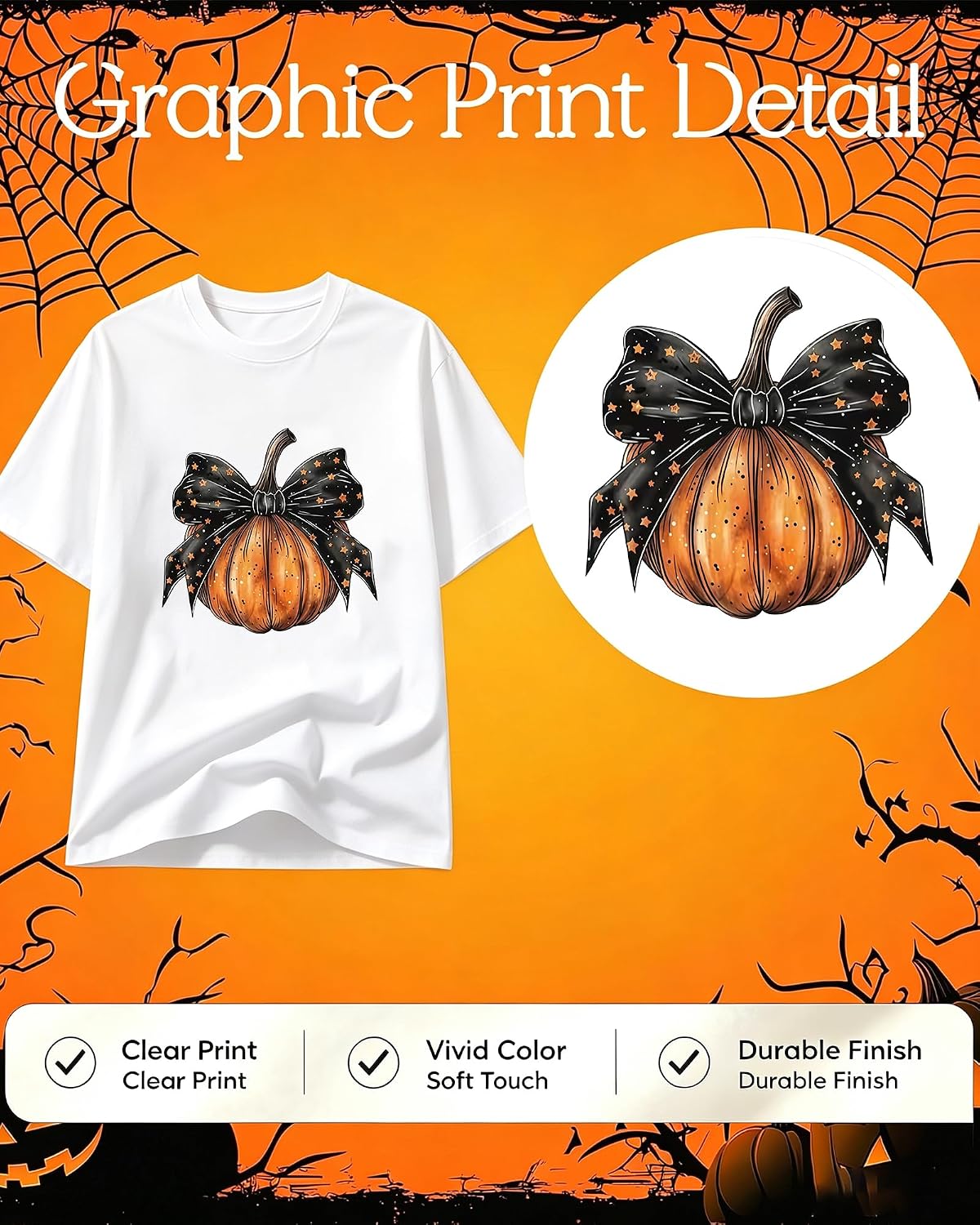 Halloween Pumpkin Bow T-Shirt Unique Graphic Tee for Women Holiday Wear
