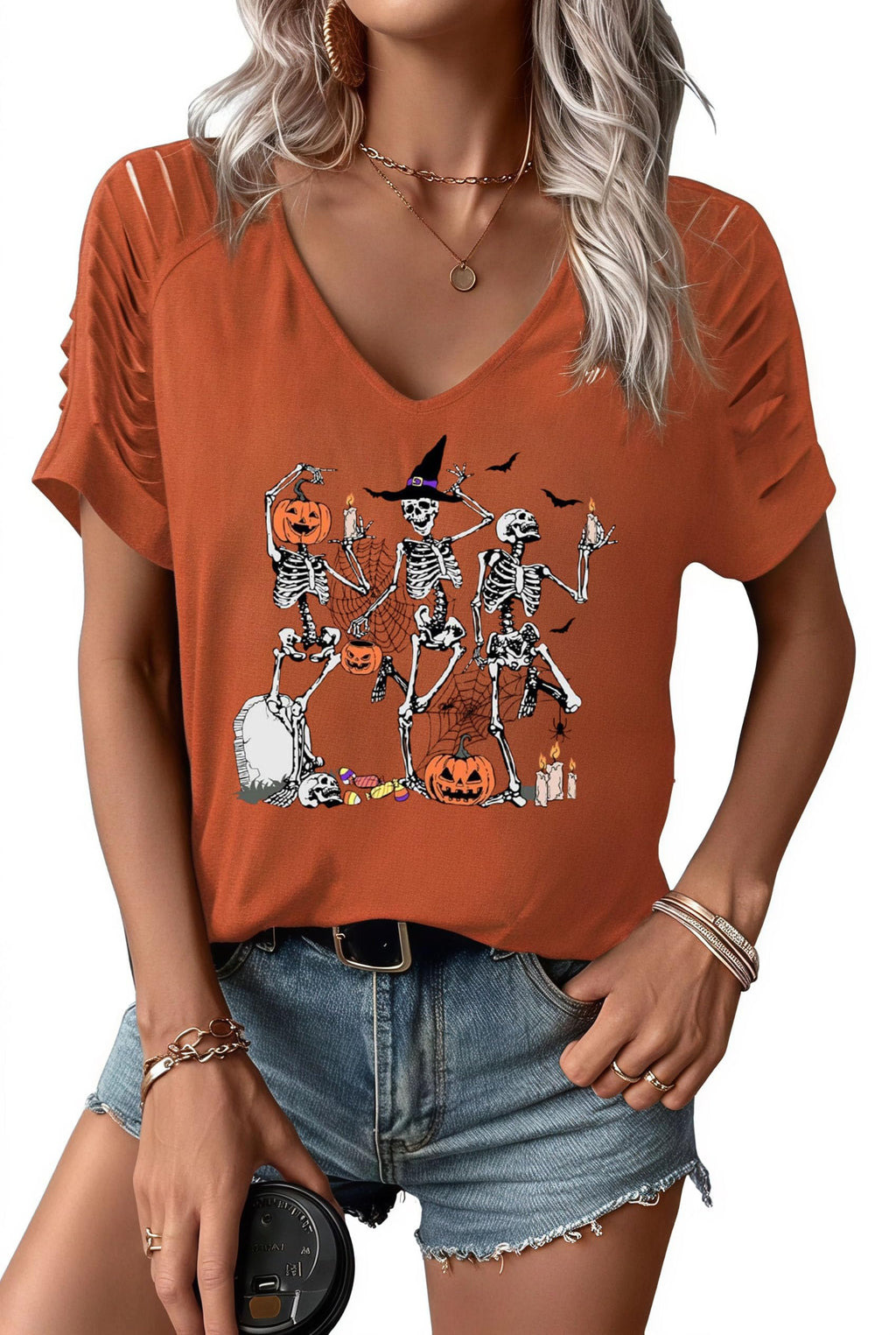 Womens Fall Halloween Thanksgiving V Neck Shirt Vintage Short Sleeve Western Shirts Cut Out Cold Shoulder T Shirts