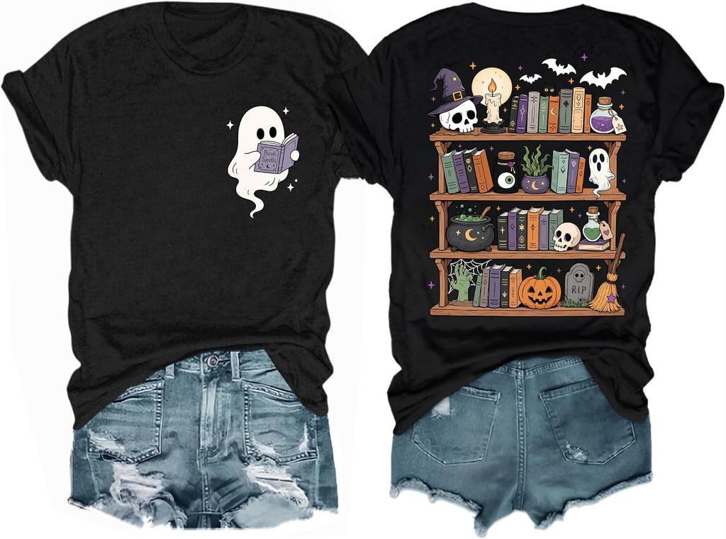 Halloween Shirts for Women Ghost Reading Book T-Shirt Teacher Tee Tops