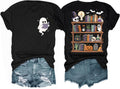 Halloween Shirts for Women Ghost Reading Book T-Shirt Teacher Tee Tops