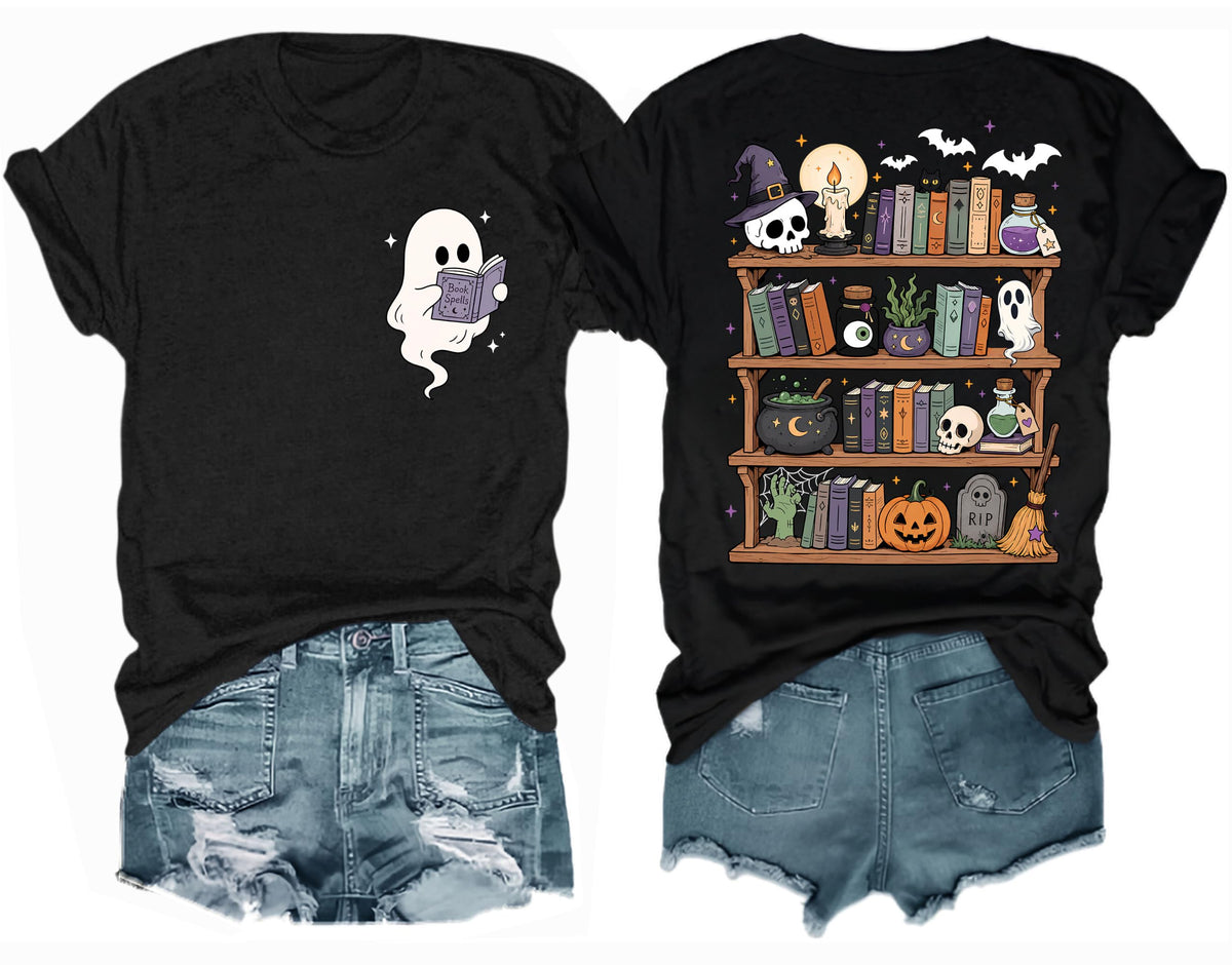 Halloween Shirts for Women Ghost Reading Book T-Shirt Teacher Tee Tops