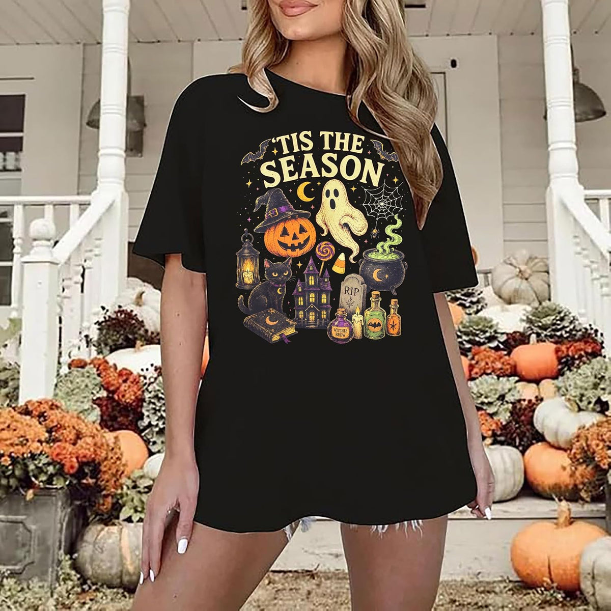 Halloween Oversized Shirts Women Vintage Spooky Season Ghost Tshirt Halloween Pumpkin Fall Short Sleeve Tee Top