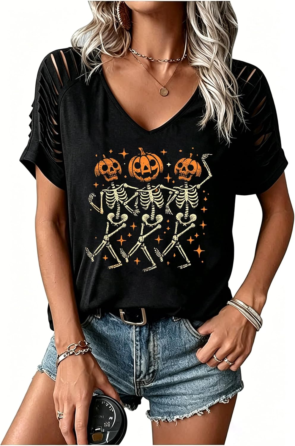Womens Fall Halloween Thanksgiving V Neck Shirt Vintage Short Sleeve Western Shirts Cut Out Cold Shoulder T Shirts