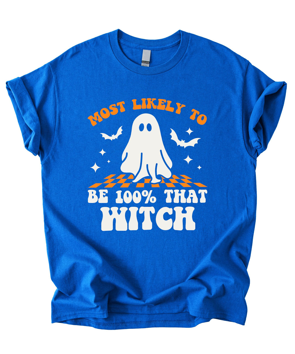 Most Likely to Be 100% that Witch T Shirt, Retro Cartoon Halloween Graphic Tee, Spooky Season Party Shirt Men Women