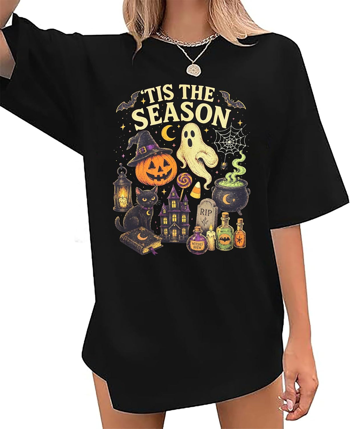 Halloween Oversized Shirts Women Vintage Spooky Season Ghost Tshirt Halloween Pumpkin Fall Short Sleeve Tee Top