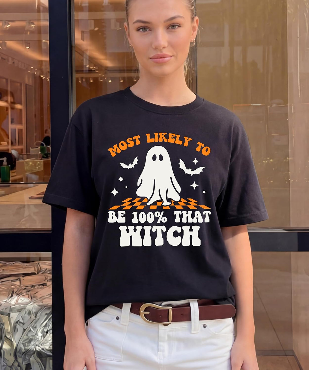 Most Likely to Be 100% that Witch T Shirt, Retro Cartoon Halloween Graphic Tee, Spooky Season Party Shirt Men Women
