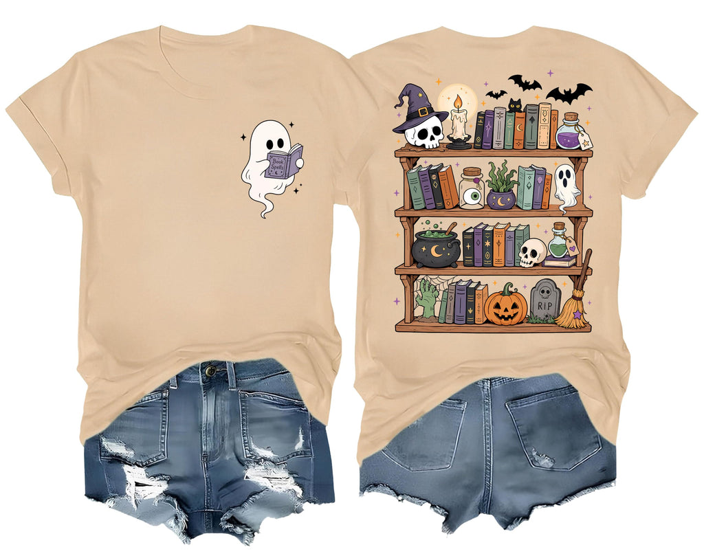 Halloween Shirts for Women Ghost Reading Book T-Shirt Teacher Tee Tops